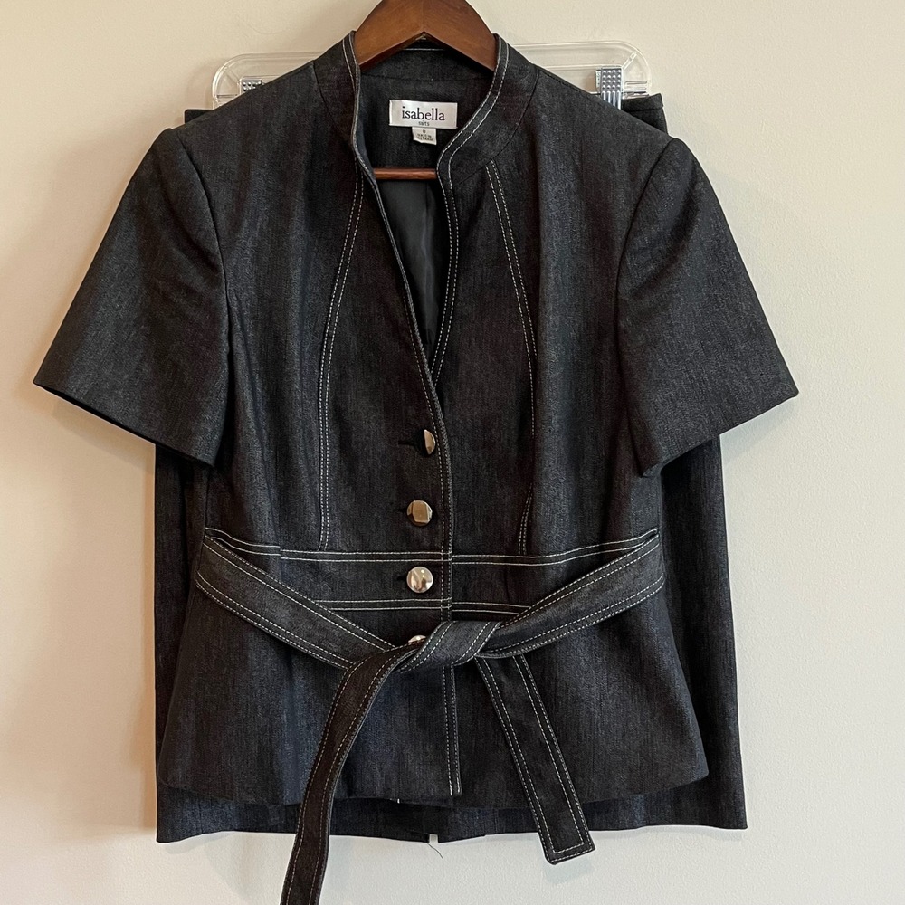 Isabella Suits Women 8 Dark Denim Skirt Set Contrast Stitch Short Sleeve Jacket